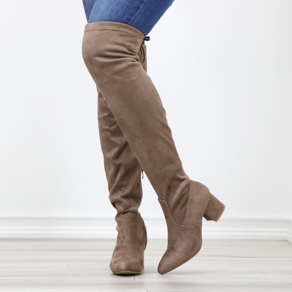 Taupe Thigh High Over The Knee Low Block Heel Boots Faux Suede Pointy Toe - Picture 12 of 15